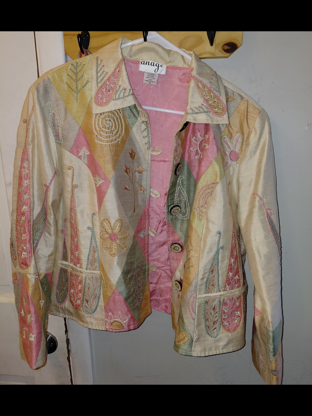 Anage Embroidered Patchwork  Jacket in Pink, Cream & Pastel Accents